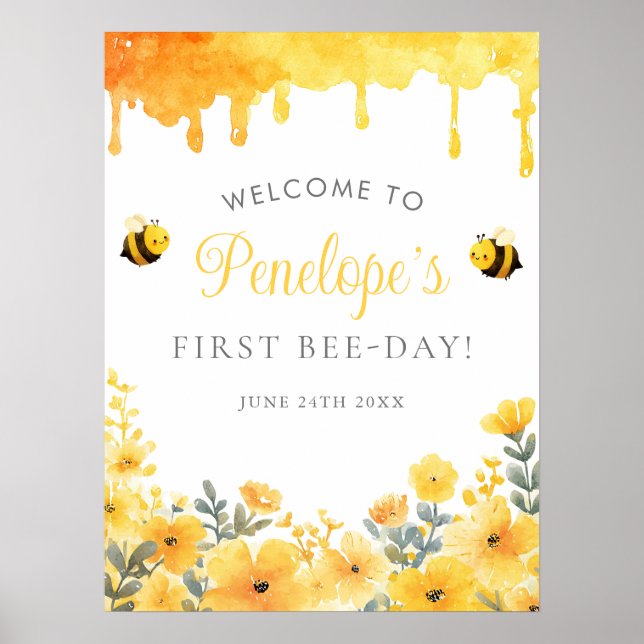 Poster First Bee Day 1st Birthday Welcome Sign (Frente)