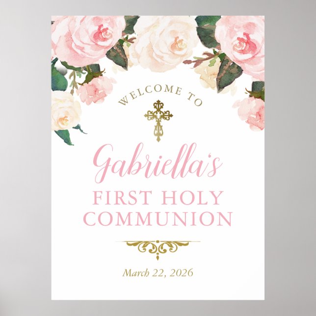 Poster First Communion & Baptism, Pink Floral Gold (Frente)