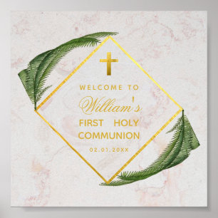 Poster First Communion Greenery Marble Gold Fern Welcome