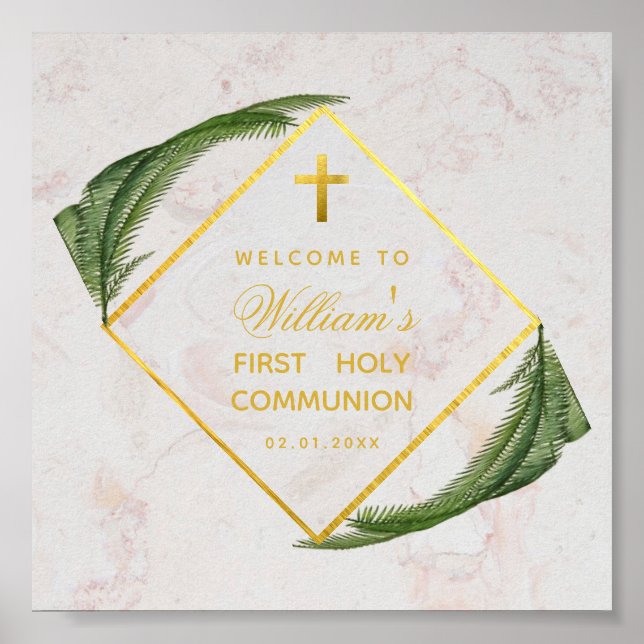 Poster First Communion Greenery Marble Gold Fern Welcome (Frente)