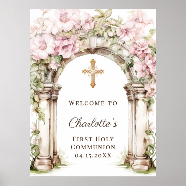 Poster First Communion Pink Florals Arch Cross Welcome (Frente)