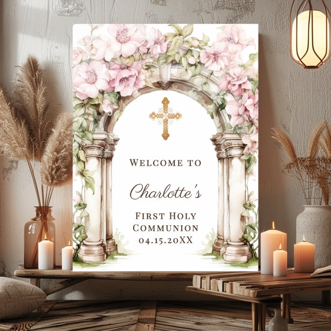 Poster First Communion Pink Florals Arch Cross Welcome (Criador carregado)