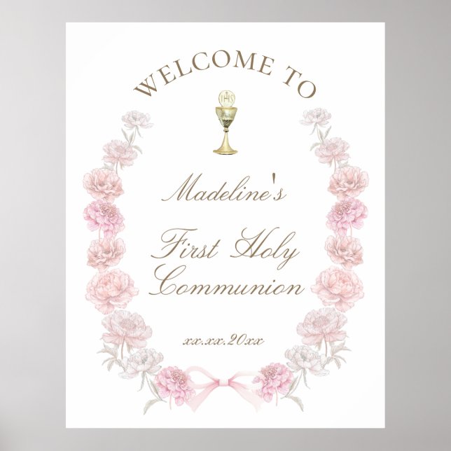 Poster First Communion pink peonies welcome (Frente)