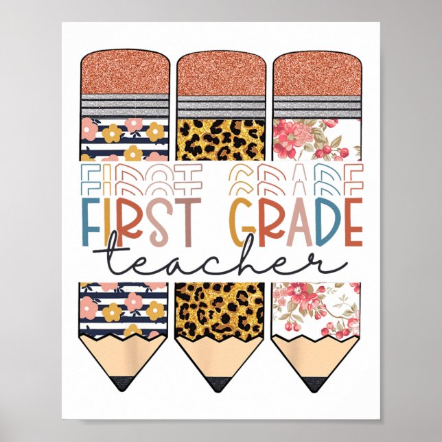 Poster First Grade Teacher Leopard Pencil Happy First Day (Frente)