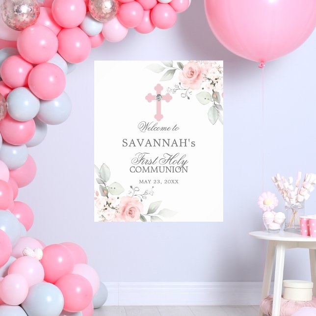 Poster First Holy Communion Welcome Sign Pink Rose Girl (Criador carregado)