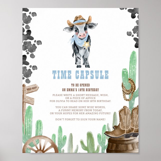 Poster First Rodeo Wild West Baby Cow Time Capsule Sign (Frente)