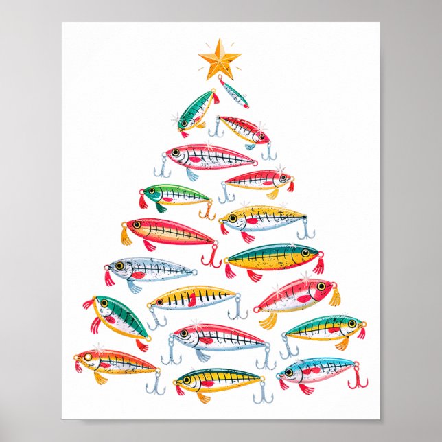 Poster Fishing Christmas Tree Lights Lures Holiday Fisher (Frente)