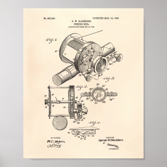Poster Fishing Reel 1907 Patent Art Old Peper (Frente)