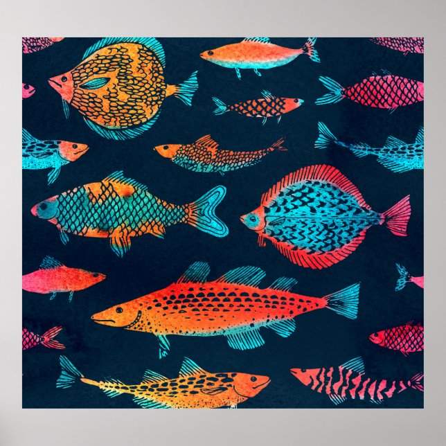 Poster Fissuras por aquarela: Azul Profundo sem costura (Frente)