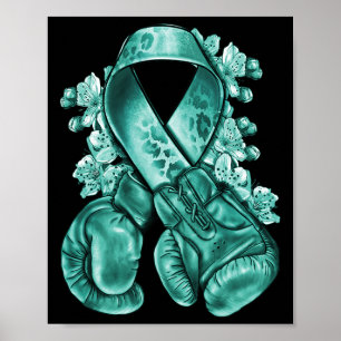 Poster Fita Teal De câncer de ovário Com Luvas Em Boxão
