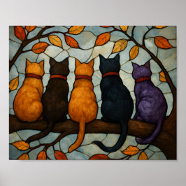 Poster Five Cats on a Tree Branch Stained Glass Style