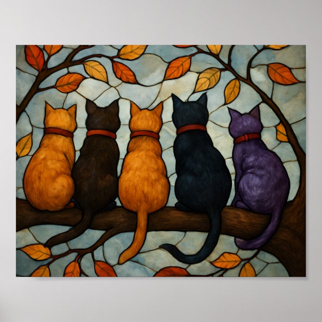 Poster Five Cats on a Tree Branch Stained Glass Style (Frente)