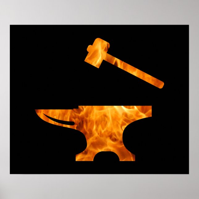Poster Flaming Anvil & Hammer Blacksmith Metalworking (Frente)