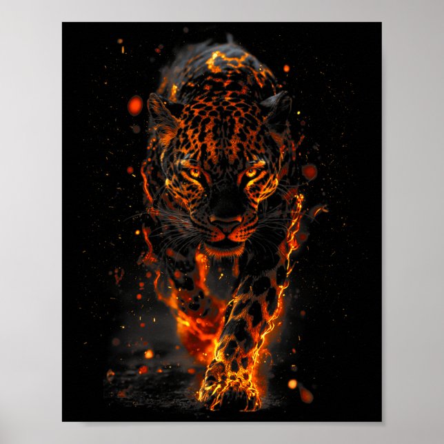 Poster Flaming Jaguar Fierce Leopard Wild Fire Animal Sri (Frente)