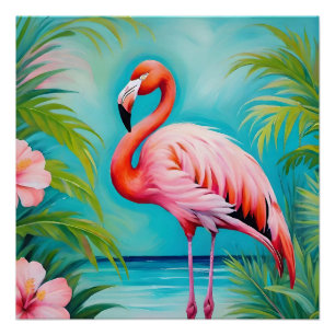 Pôster Flamingo ao lado de plantas tropicais