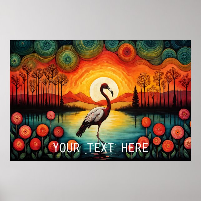Poster Flamingo Bird Lake Sunset Colorida Floral (Frente)