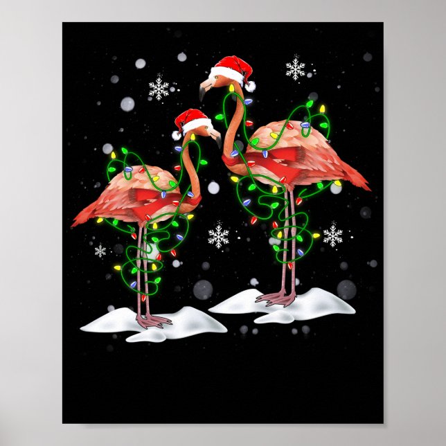 Poster Flamingo Christmas Tree Santa Hat Light Merry (Frente)