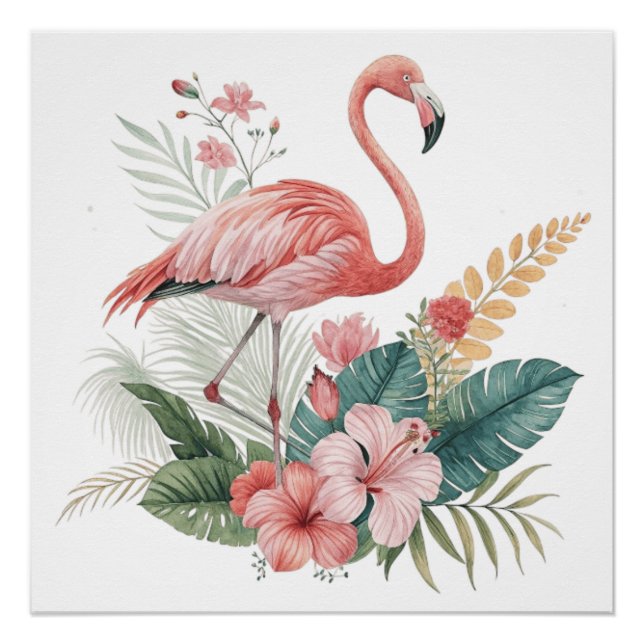 Pôster Flamingo Com Flores (Frente)