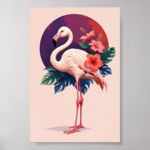 Poster Flamingo com Flores Pastel Vintage Boho Botânico
