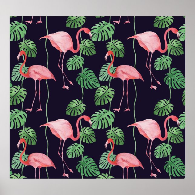 Poster Flamingo Dark: Pequeno Padrão de Aquarela. (Frente)