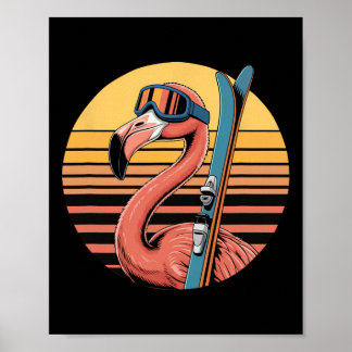 Poster Flamingo de Esqui com Óculos Retro Pôr do Sol Alpi