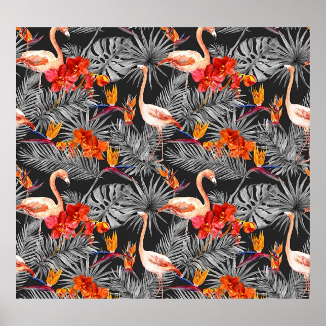 Poster Flamingo e flores, padrão monocromático. (Frente)