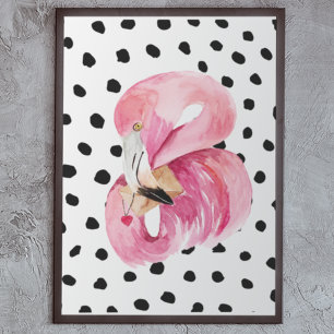 Poster Flamingo e pontos de aquarela rosa moderna