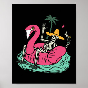 Poster Flamingo Esqueleto Flutuar Férias Praia Bebida Ret