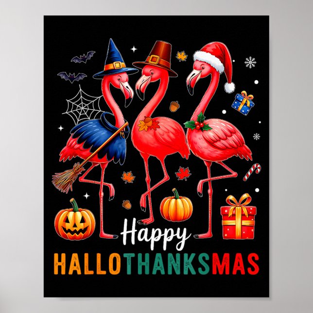 Poster Flamingo Feliz Hallothanksmas Engraçado Dia das Br (Frente)