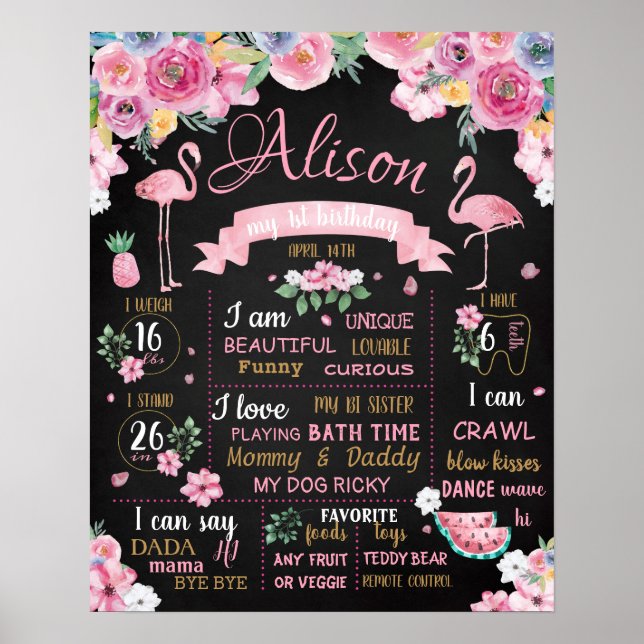Poster Flamingo Fllowers Summer Luau Sinal de Aniversário (Frente)