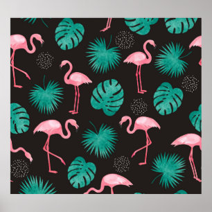 Poster Flamingo, folhas de palma: aquarela tropical.