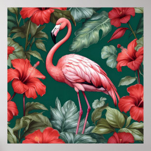 Poster Flamingo Hibiscus Flores Emerald Green