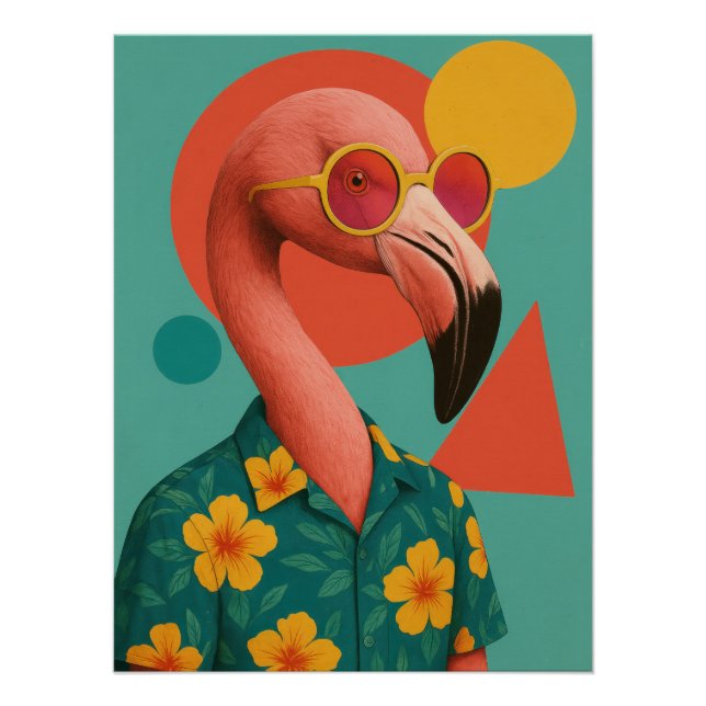 Pôster Flamingo in Hawaiian Shirt Poster - Retro Summer (Frente)