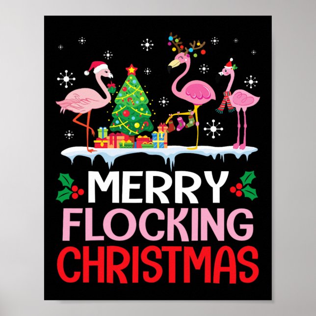 Poster Flamingo Noel Hats Dançando Em Flocos De Feliz De  (Frente)