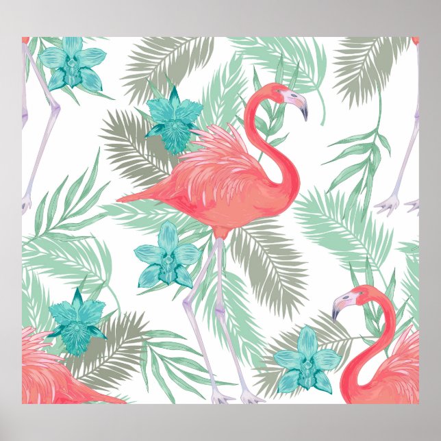 Poster Flamingo, orquídea: padrão de safra romântico. (Frente)