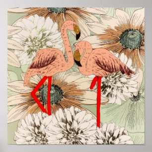 Poster Flamingo Pink Floral - Folhas Tropicais Brilhantes