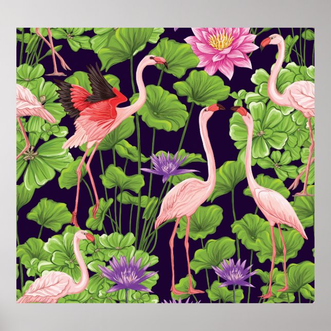 Poster Flamingo, plantas tropicais, fundo negro. (Frente)