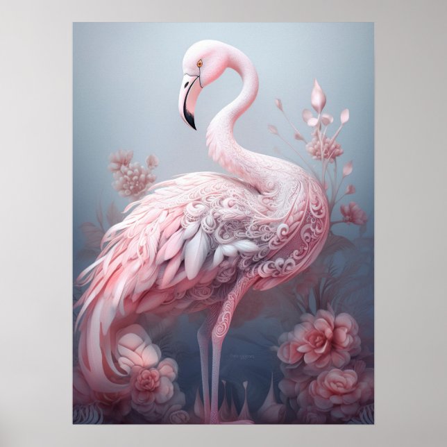 Poster Flamingo Rosa Abstrato Surreal Bonito sobre Cinza (Frente)