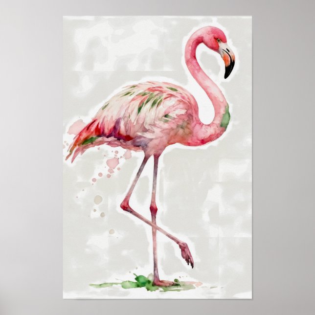 Poster Flamingo Rosa Aquarela Tropical Sobre Branco (Frente)