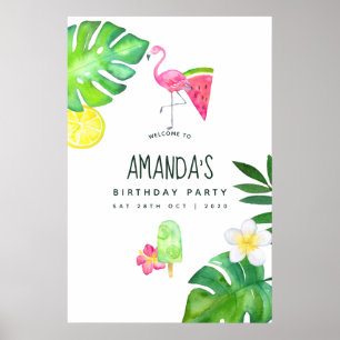 Poster Flamingo Rosa Aquarela Tropical Verão Aniversário