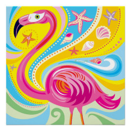 Pôster Flamingo Rosa com Estrela do Mar