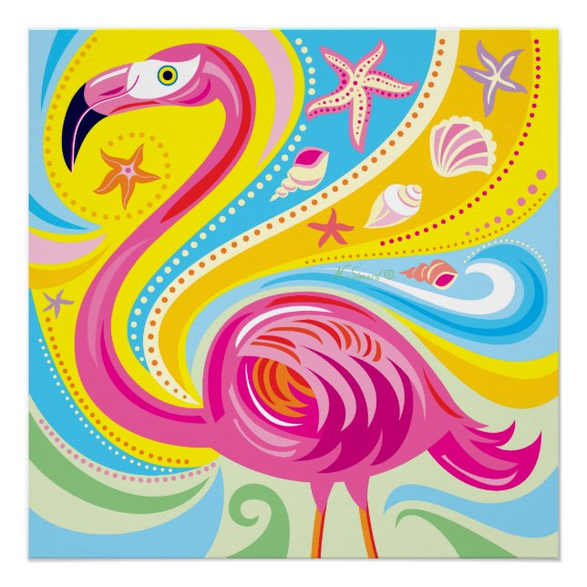 Pôster Flamingo Rosa com Estrela do Mar (Frente)