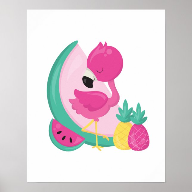 Poster Flamingo rosa com melancia e abacaxi (Frente)