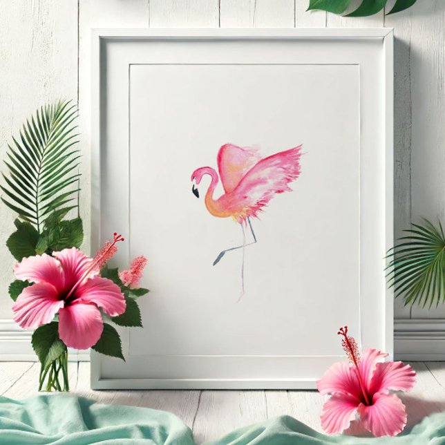 Poster Flamingo Rosa-Cor-de-Água Tropical (Watercolor pink flamingo print by Victoria Grigaliunas of Do Tell A Belle)