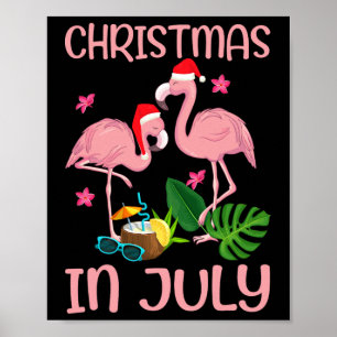 Poster Flamingo Rosa de Natal em Julho Com Chapéu de Papa