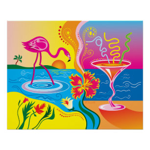 Pôster Flamingo Rosa e Coquetel de Verão