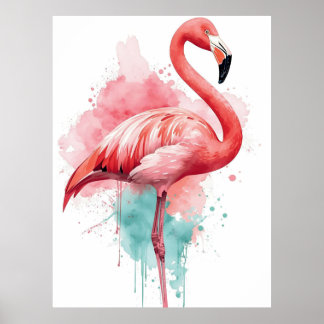 Poster Flamingo Rosa e Splash de Aquarela Vibrante Turque