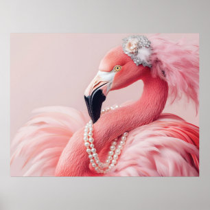 Poster Flamingo Rosa Elegante com Pérolas e Penas