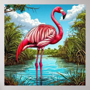 Poster Flamingo Rosa em Pé em um Trópico Sereno