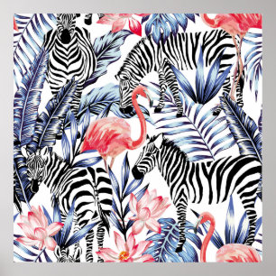 Poster Flamingo rosa exótico, zebra ao fundo no verão b